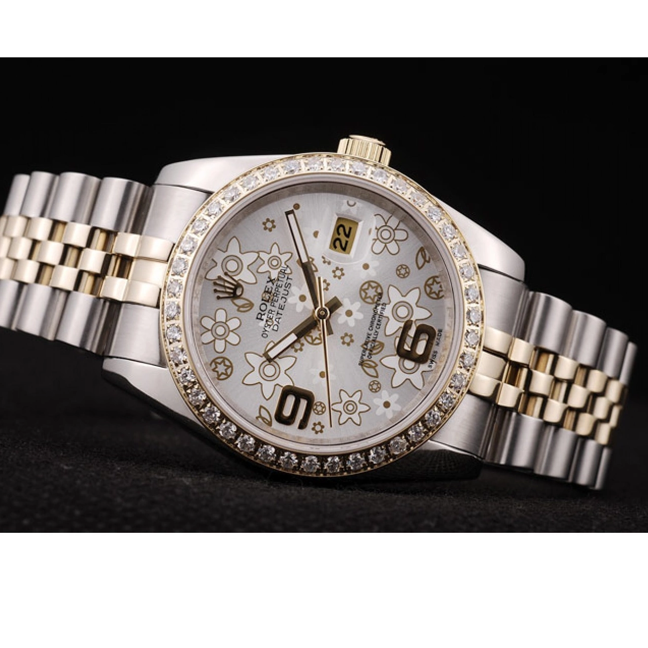 MiroTime 0718 Rolex DateJust Brushed Stainless Steel Case Silver Flowers Dial Diamonds Plated